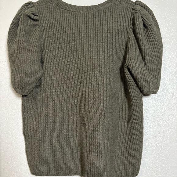 Express Olive Ribbed Knit Short Sleeve Sweater. Very Soft, Puff Sleeve. Stretchy - Picture 2 of 9